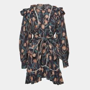 Isabel Marant Navy Blue Floral Print Studded Cotton Ruffle Belted Mini Dress M