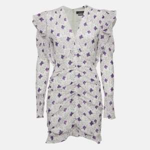 Isabel Marant White Floral Print Silk Blend Ruch Detailed Etya Mini Dress M