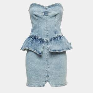 Isabel Marant Blue Washed Denim Peplum Strapless Mini Dress M