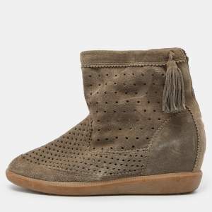 Isabel Marant Grey Cutout Suede Tassel Embellished "Beslay" Wedge Ankle Boots Size 38