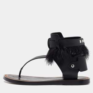 Isabel Marant Black Leather And Feather Trim T-Strap Sandals Size 38