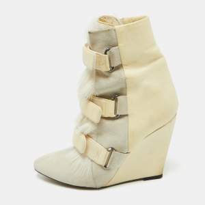 Isabel Marant Cream Leather, Suede and Calf Hair Scarlet Wedge Ankle Boots Size 40