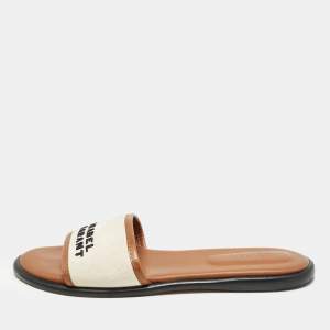 Isabel Marant Off White/Brown Canvas and Leather Vikee Flat Slide Sandals Size 39