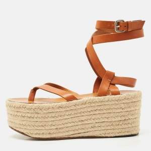 Isabel Marant Tan Leather Ankle Wrap Platform Espadrille Sandals Size 37