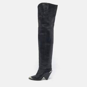 Pre Owned Isabel Marant Black Leather Thigh High Wedge Boots Size 38