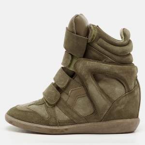 Pre Owned Isabel Marant Taupe Green/Brown Suede and Leather Bekett Wedge Sneakers Size 37