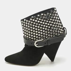 Pre Owned Isabel Marant Black Leather and Suede Studded Ankle Length Boots Size 38