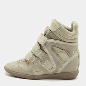 Pre Owned Isabel Marant Bekett Size 38 Ecru Beige Suede Wedge Sneakers