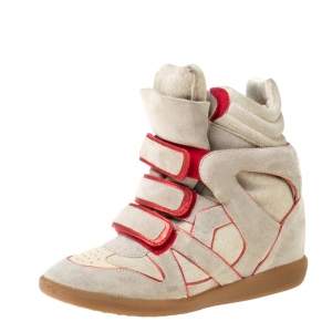 Isabel Marant Grey Suede And Metallic Red Leather Trim Bekett Wedge Sneakers Size 37