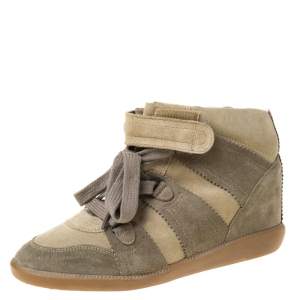 Pre Owned Isabel Marant Olive Green Suede Bobby Lace Up Wedge Sneakers Size 41