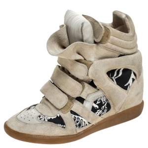 Isabel Marant Beige Printed Canvas and Suede Bekett Wedge Sneakers Size 40
