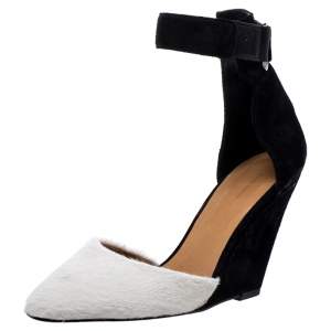 Pre Owned Isabel Marant Black Suede and White Calf Hair Shane Ankle Strap Wedge Sandals Size 38