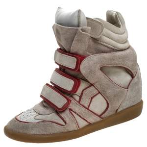 Isabel Marant Grey Suede with Metalllic Red Leather Trim Bekett Wedge Sneakers Size 38