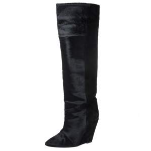 Isabel Marant Black Calfhair Knee Length Wedge Boots Size 38