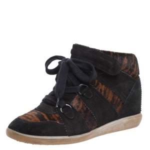 Isabel Marant Black Printed Ponyskin and Suede Blossom Lace Up Wedge Sneakers Size 39
