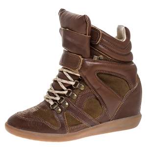 Isabel Marant Brown Leather and Suede Bekett Wedge Sneakers Size 38
