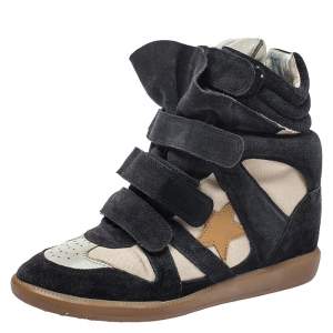 Isabel Marant Black Suede And White Canvas Bekett Wedge Sneakers Size 38