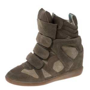 Isabel Marant Olive Green Suede And Leather Trim Bekett Wedge Sneakers Size 37