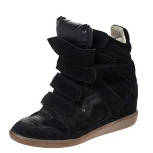 Isabel Marant Black Suede And Leather Bekett Wedge High Top Sneakers Size 38