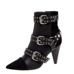 Isabel Marant Black Suede And Leather Eyelet Embellished Lysett Ankle Boots Size 39