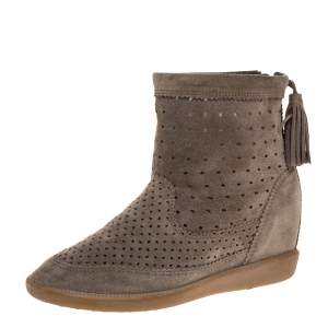 Pre Owned Isabel Marant Grey Cutout Suede Tassel Embellished "Beslay" Wedge Ankle Boots Size 38
