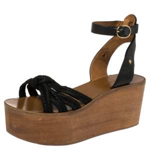 Pre Owned Isabel Marant Black Leather and Jute Zia Wooden Wedge Ankle Strap Sandals Size 37
