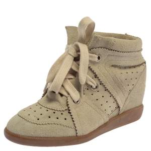 Pre Owned Isabel Marant  Light Grey Suede Bobby Lace Up Wedge Sneakers Size 37