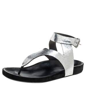 Pre Owned Isabel Marant Silver Leather Flat Ankle Strap Sandals Size 41