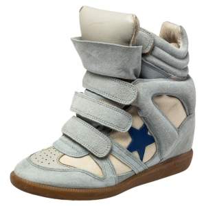Pre Owned Isabel Marant Blue/Cream Suede And Canvas Bekett Sneakers Size 37