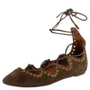 Pre Owned Isabel Marant Brown Suede Leo Eyelet Ankle Wrap Ballet Flats Size 38