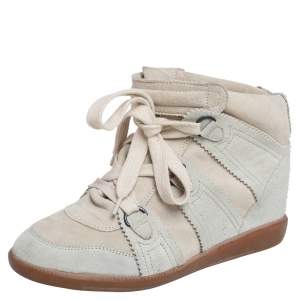 Pre Owned Isabel Marant Pale Green/Beige Suede Bobby Strap Wedge Sneakers Size 39