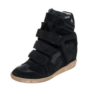 Pre Owned Isabel Marant Black Suede And Leather High Top Wedge Sneakers Size 36