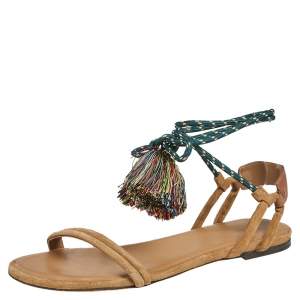 Pre Owned Isabel Marant Beige Suede and Leather Ankle Wrap Open Toe Flats Size 39