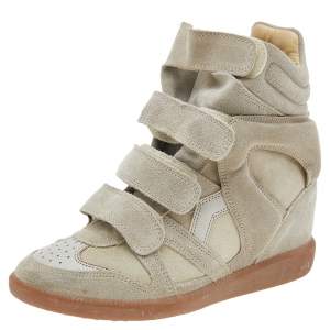 Pre Owned Isabel Marant Grey Suede and Leather Bekett Wedge Sneakers Size 37