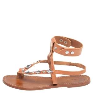 Pre Owned Isabel Marant Tan Studded Leather Ankle Strap Flat Sandals Size 39