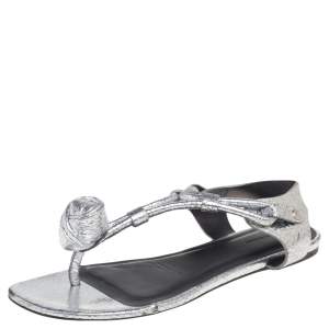 Pre Owned Isabel Marant Silver Crackled Leather Floral Applique Thong Flat Sandals Size 39