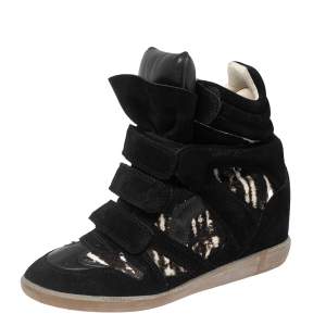 Pre Owned Isabel Marant Black Suede And Pony Hair Bekett Wedge Sneakers Size 39