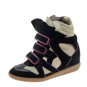 Pre Owned Isabel Marant Black/Grey Suede And Leather Bekett Wedge Sneakers Size 38