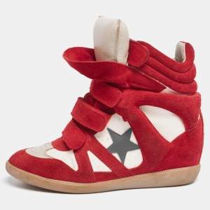 Pre Owned Isabel Marant Red/Cream Suede And Canvas Bekett Wedge High Top Sneaker Size 40