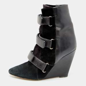 Pre Owned Isabel Marant Black Suede And Calf Hair Pointed Toe Wedge Ankle Boots Size 40