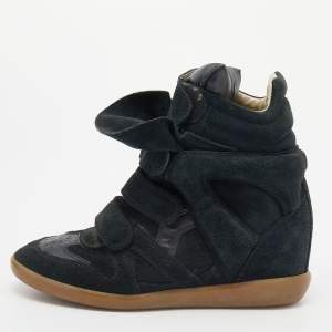 Pre Owned Isabel Marant Black/Dark Green Suede And Leather Beckett Wedge High Top Sneakers Size 38