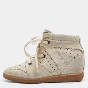 Isabel Marant Cream Perforated Suede Wedge Sneakers Size 38