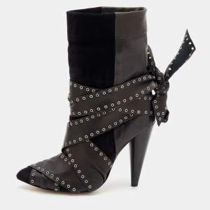 Pre Owned Isabel Marant Black Leather And Suede Eyelet Embellished Ankle Wrap Boots Size 41
