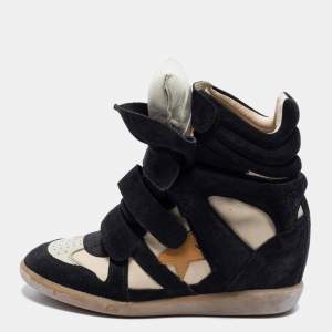Pre Owned Isabel Marant Beige/Black Canvas And Suede Beckett Wedge Sneakers Size 38