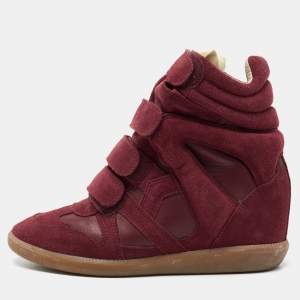 Pre Owned Isabel Marant Red Suede And Leather Bekett Wedge Sneakers Size 38