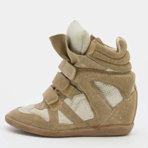 Pre Owned Isabel Marant Khaki/Off White Suede Bekett Wedge Sneakers Size 40