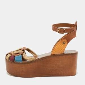 Isabel Marant Multicolor Leather and Jute Wedge Platform Ankle Strap Sandals Size 38