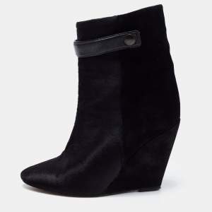 Isabel Marant Black Calf Hair and Suede Wedge Ankle Boots Size 36