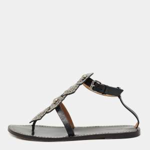 Isabel Marant Black Leather Eyelet Embellished Thong Flat Sandals Size 41