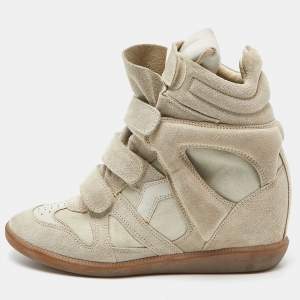 Pre Owned Isabel Marant Light Grey Leather Bekett Wedge Sneakers Size 40